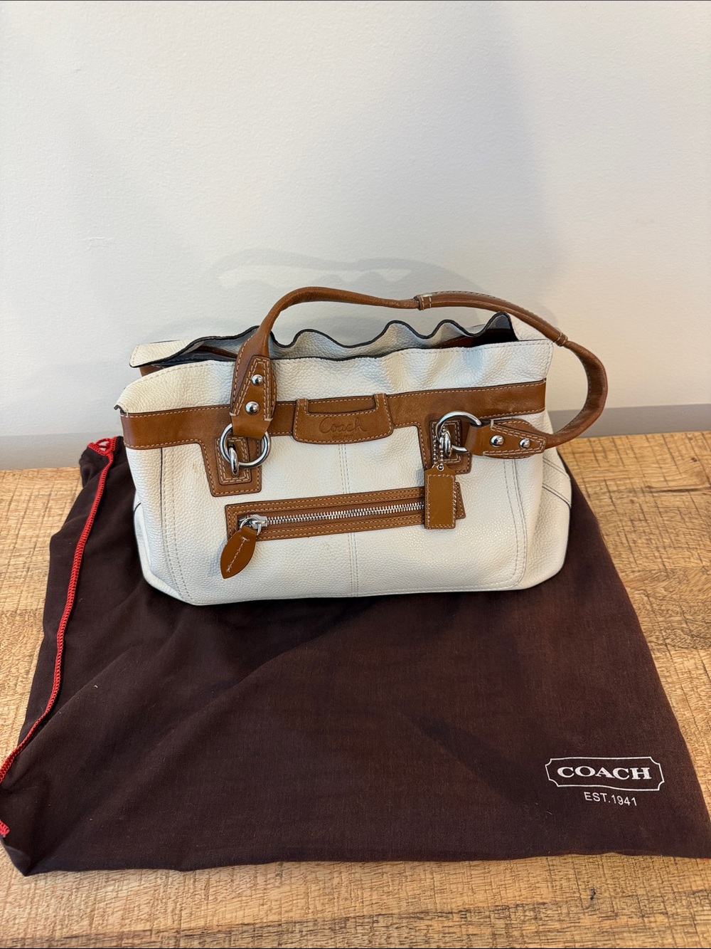 Coach Cream Leather Shoulder Bag with Brown Trim